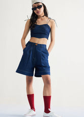 A Model Wearing Blue Cotton Denim Deepwater Sustainable Denim Blue Shorts, curated by Only Ethikal